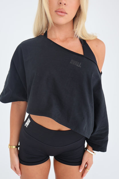Oversized cropped off the shoulder tee - Black